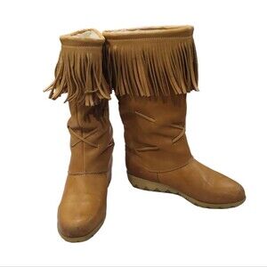 Leather faux fur Lined Leather Fringe Boots by Glo-Warm sz 8 Tan